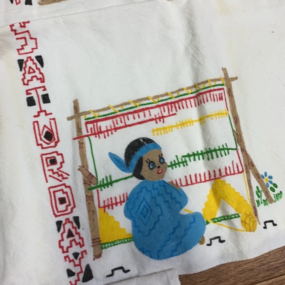 Vintage Native American Hand Painted Dish Towel Set of 7 50s 60s Mid Century